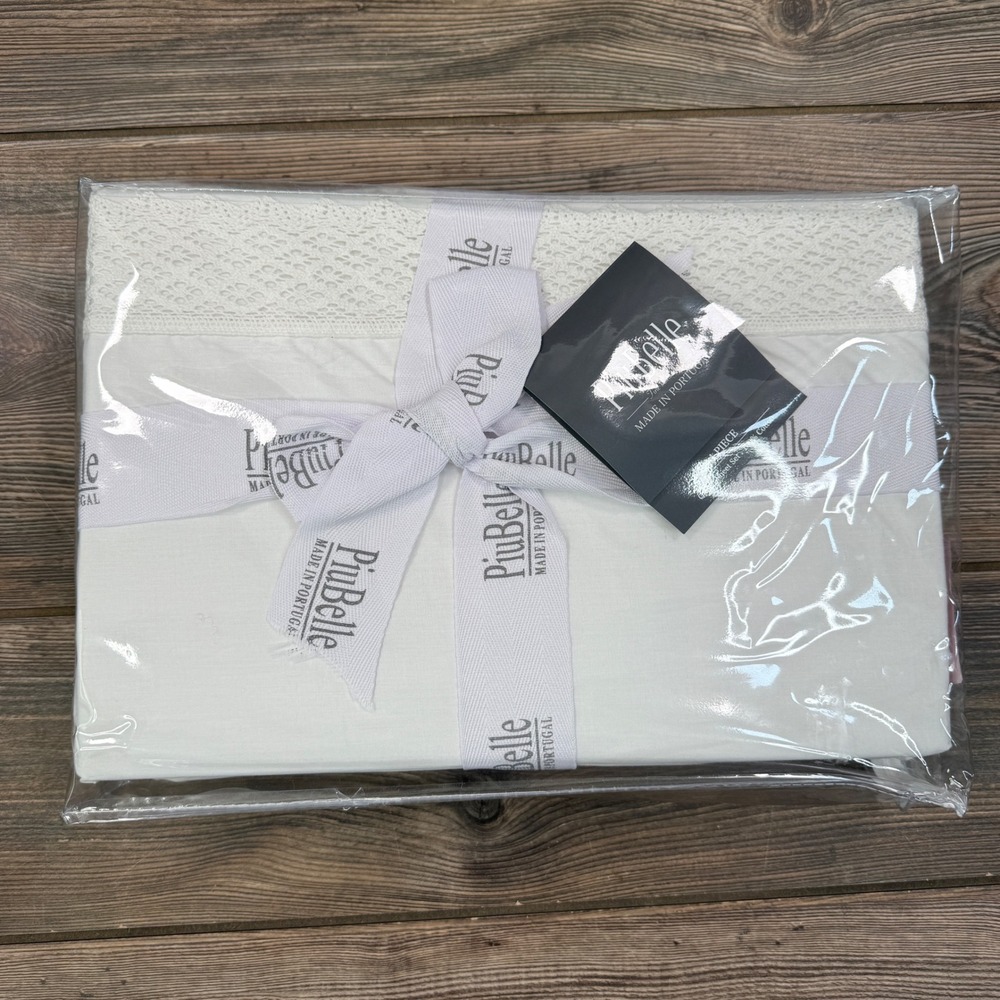 PiuBelle Queen Size 4 Piece Sheet Set White 100% Cotton‎ Lace Trim Portugal NEW